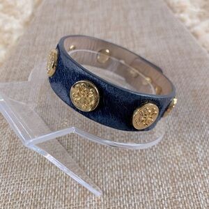 Rustic Cuff Blue Leather Pony Hair Gold Medallion Adjustable Bracelet